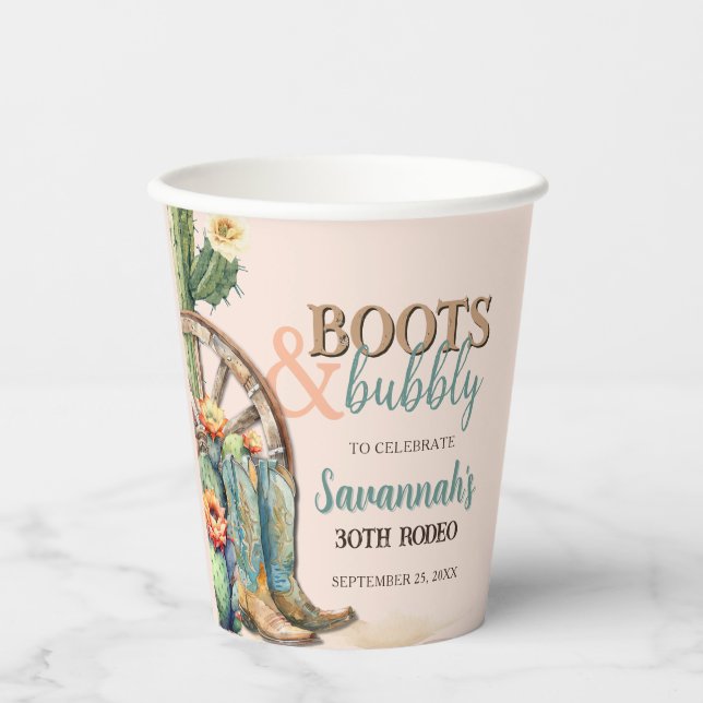 Boots and Bubbly Cactus Cowgirl Pink Birthday Paper Cups (Front)