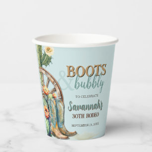Boots and Bubbly Cactus Cowgirl Teal Blue Birthday Paper Cups