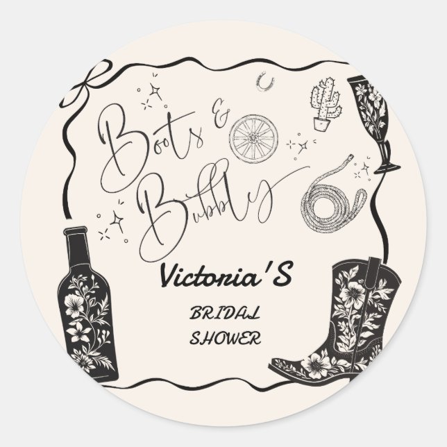 Boots and Bubbly Champagne Western Bridal Shower Classic Round Sticker (Front)