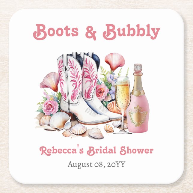 Boots and Bubbly Coastal Cowgirl Bridal Shower Square Paper Coaster (Front)