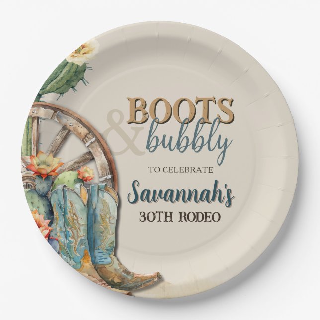Boots and Bubbly Country Cowgirl Western Birthday Paper Plate (Front)