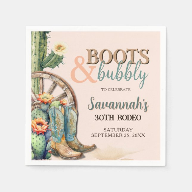 Boots and Bubbly Cowgirl Cactus Rodeo Birthday Napkin (Front)