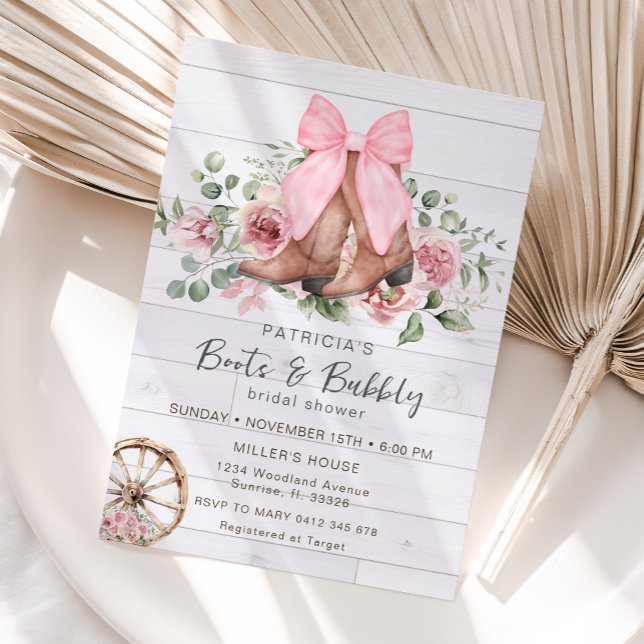 Boots and Bubbly Pink Bow Cowgirl Bridal Shower Invitation (Creator Uploaded)