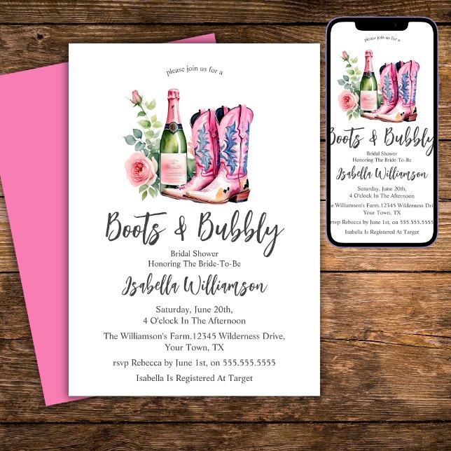 Boots and Bubbly Pink Bridal Shower Invitation (Creator Uploaded)