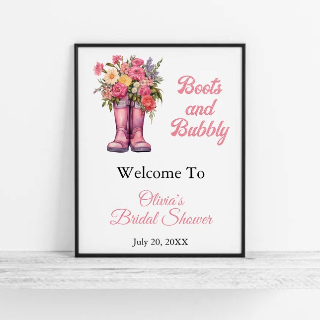 Boots and Bubbly Pink Bridal Shower Welcome Sign  (Boots & Bubbly Western Cowgirl Pink Bridal Shower Welcome Sign )