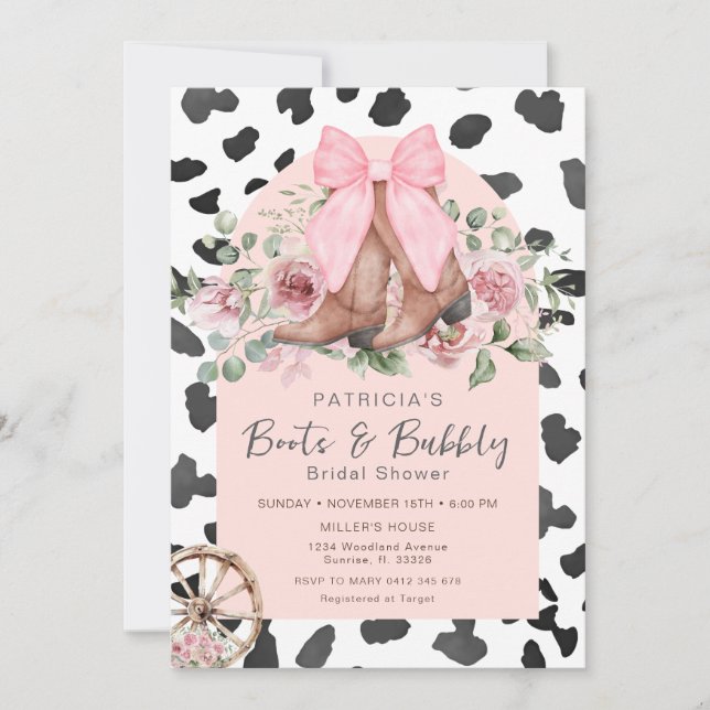 Boots and Bubbly Pink Cow Pattern Bridal Shower  Invitation (Front)
