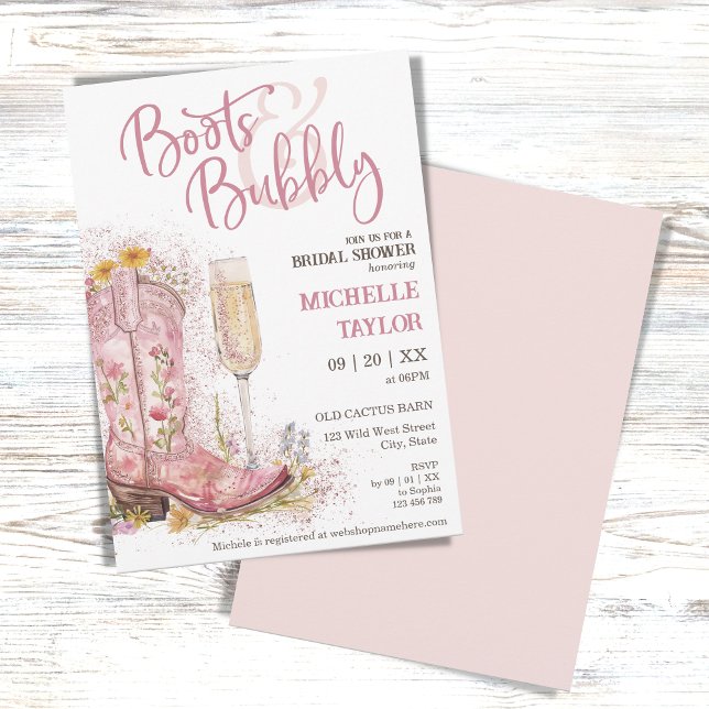 Boots and Bubbly Pink Floral Western Wild West Invitation (Creator Uploaded)