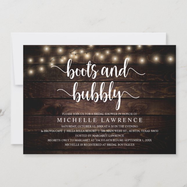 Boots and Bubbly, Rustic Bridal Shower Celebration Invitation (Front)
