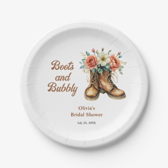 Boots and Bubbly Rustic Western Bridal Shower  Paper Plate (Front)