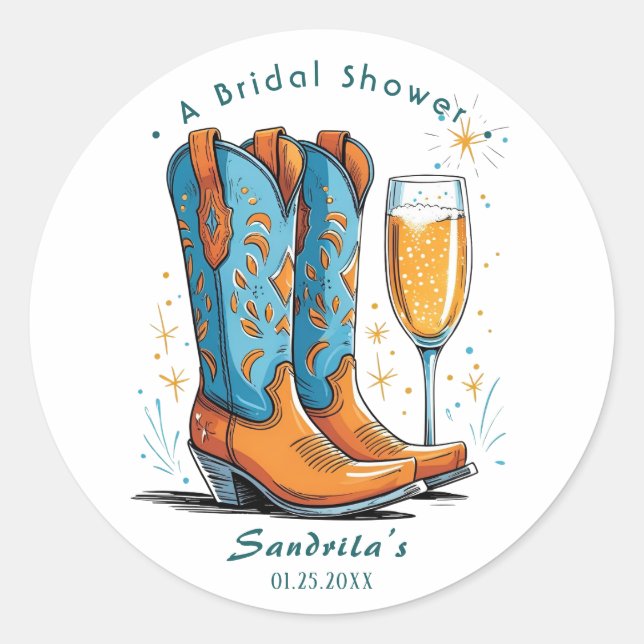 Boots and Bubbly Western Hand Drawn  Classic Round Sticker (Front)