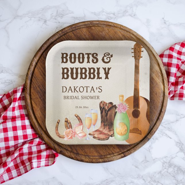 Boots and bubbly western rodeo cowgirl brunch  paper plate (Creator Uploaded)