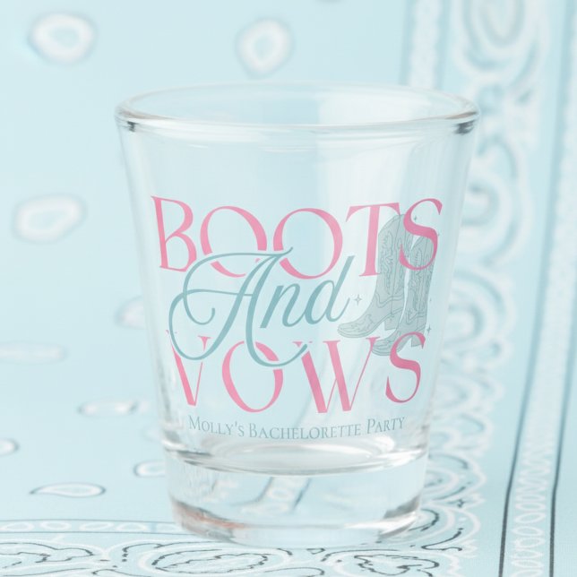 Boots and Vows – Western Bachelorette Party Design Shot Glass (Say “I do” with a western twist in this charming “Boots and Vows” design!)