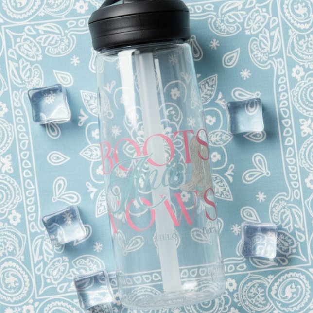 Boots and Vows – Western Bachelorette Party Design Water Bottle (Say “I do” with a western twist in this charming “Boots and Vows” design!)