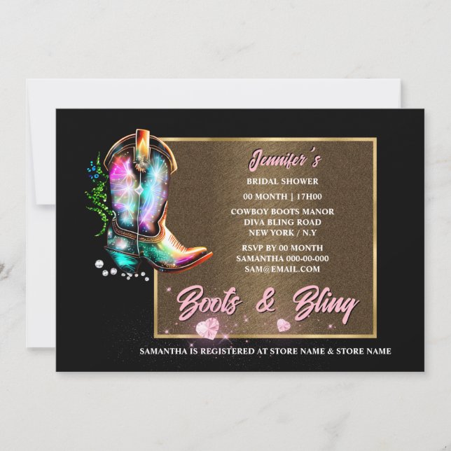 Boots bling | shiny cowgirl boots pink heart glam  invitation (Front)