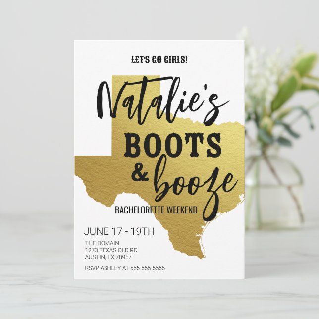 Boots & Booze Texas Bachelorette Invitation (Standing Front)
