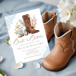 Boots & Bottles Blue Cowboy Western Baby Shower Invitation