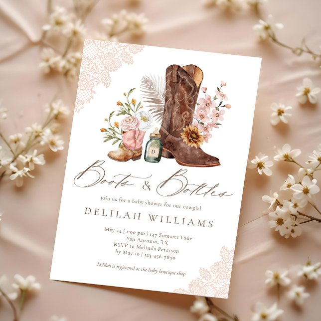 Boots & Bottles Pink Cowgirl Western Baby Shower Invitation (Boots & Bottles Pink Cowgirl Western Baby Shower Invitation)