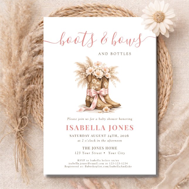 Boots Bows & Bottles Pink Western Girl Baby Shower Invitation (Creator Uploaded)