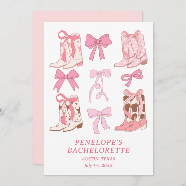 Boots & Bows Pink Girly Bachelorette Party Invitation (Front/Back)