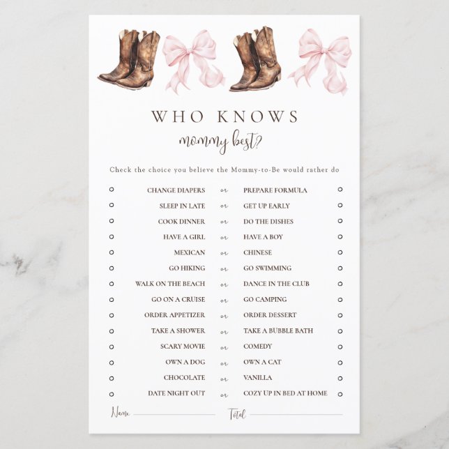 Boots & Bows Who Knows Mommy Best Baby Shower Game (Front)