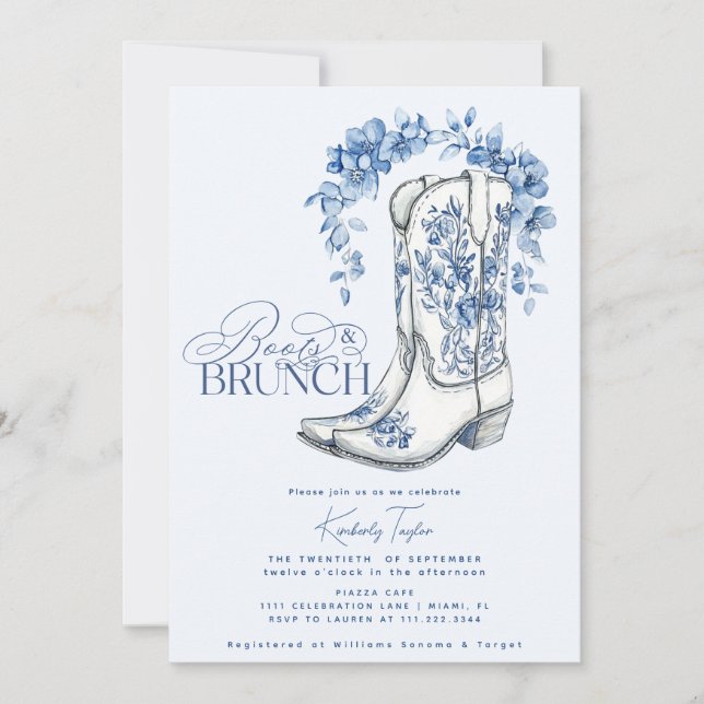 Boots & Brunch Dusty Blue Floral Bridal Shower Invitation (Front)