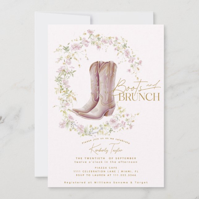 Boots & Brunch Pink Wildflower Bridal Shower Invitation (Front)