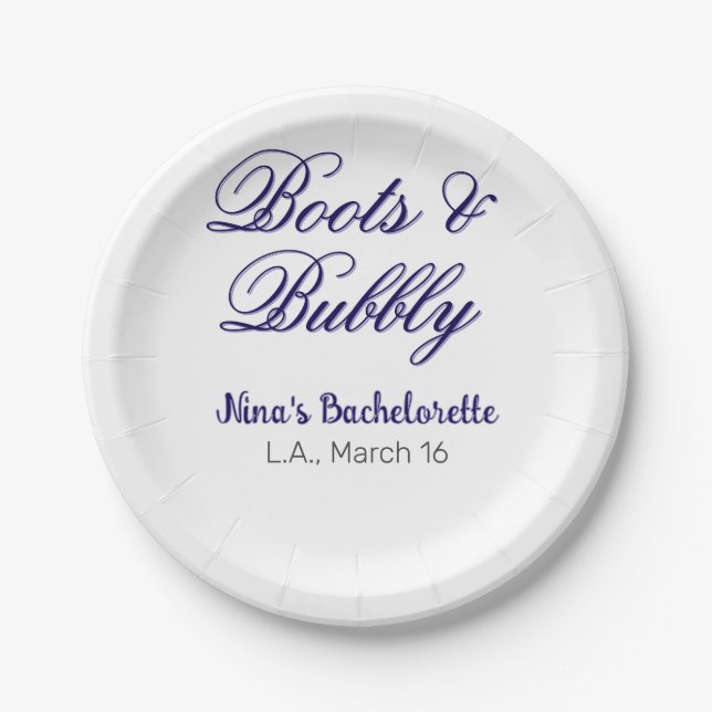 Boots & Bubble bachelorette party name purpleplace Paper Plate (Front)