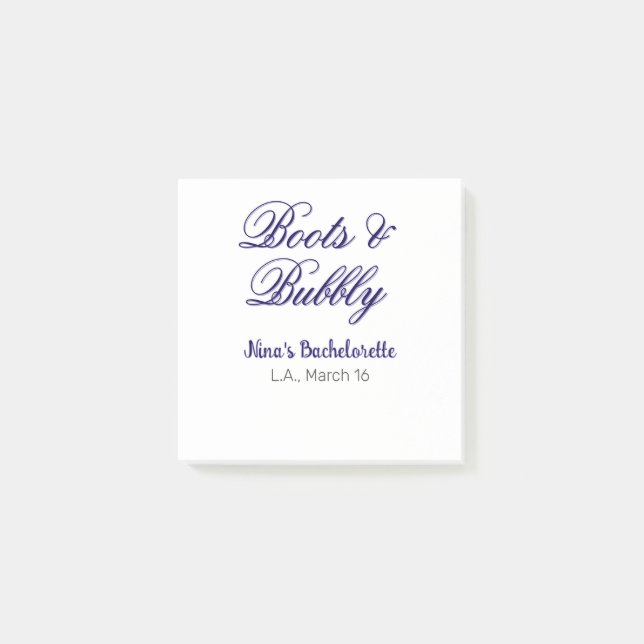Boots & Bubble bachelorette party name purpleplace Post-it Notes (Front)