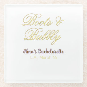 Boots & Bubble bachelorette party name yellow gold Glass Coaster
