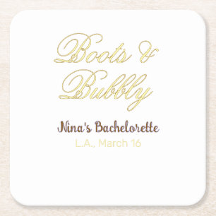 Boots & Bubble bachelorette party name yellow gold Square Paper Coaster