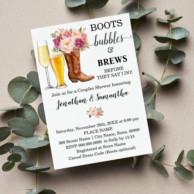 Boots Bubbles and Brews shower pink flowers Invitation (Creator Uploaded)