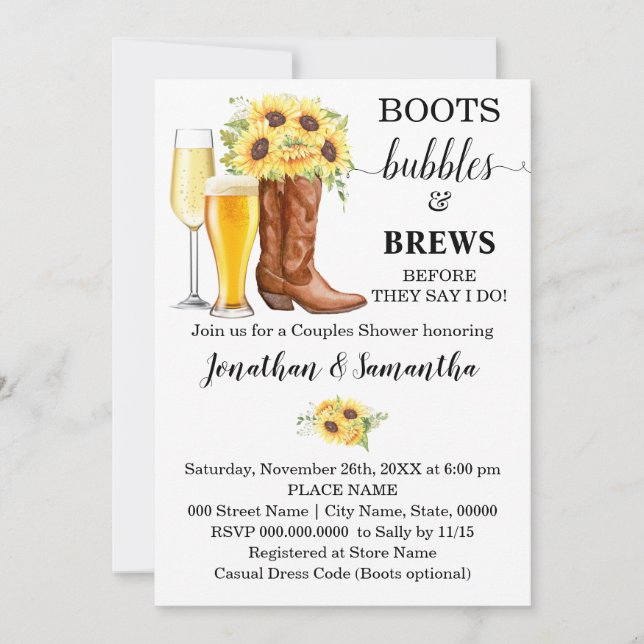 Boots Bubbles and Brews Wedding Shower Sunflowers Invitation (Front)