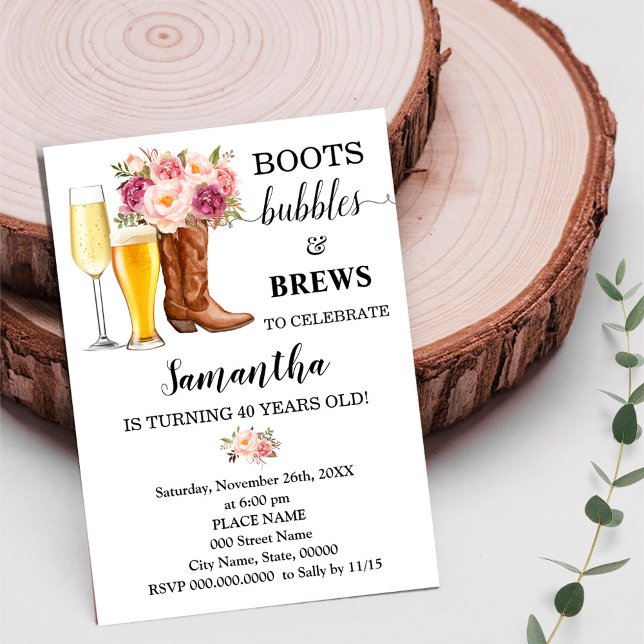 Boots Bubbles & Brews Pink Flowers Adults Birthday Invitation (Creator Uploaded)