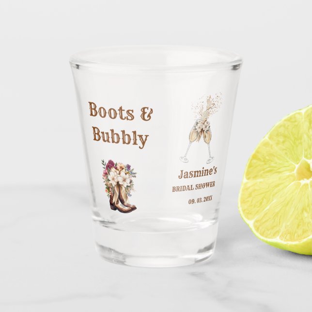 Boots & Bubbly Boho Western Bridal shower Party Shot Glass (Front)