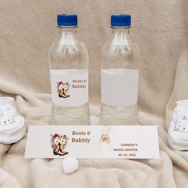 Boots & Bubbly Boho Western Bridal shower Party Water Bottle Label (Creator Uploaded)