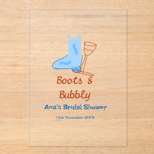 Boots & bubbly champagne bottle bridal shower blue acrylic invitations