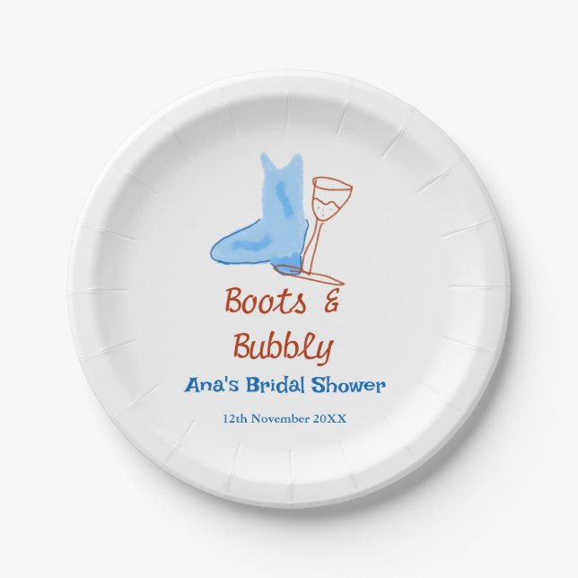 Boots & bubbly champagne bottle bridal shower blue paper plate (Front)