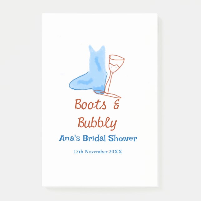 Boots & bubbly champagne bottle bridal shower blue post-it notes (Front)
