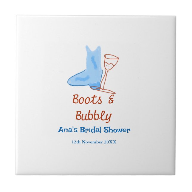 Boots & bubbly champagne bottle bridal shower blue tile (Front)