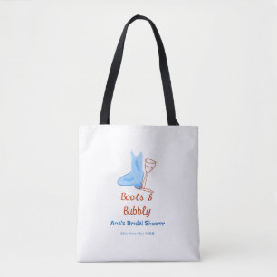 Boots & bubbly champagne bottle bridal shower blue tote bag