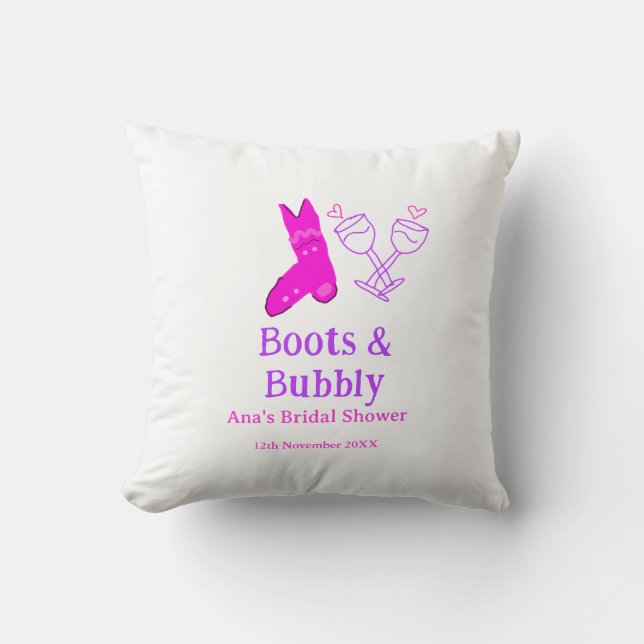 Boots & bubbly champagne bottle bridal shower pink cushion (Front)