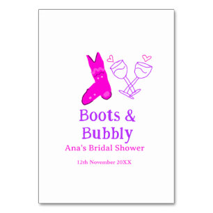 Boots & bubbly champagne bottle bridal shower pink table number