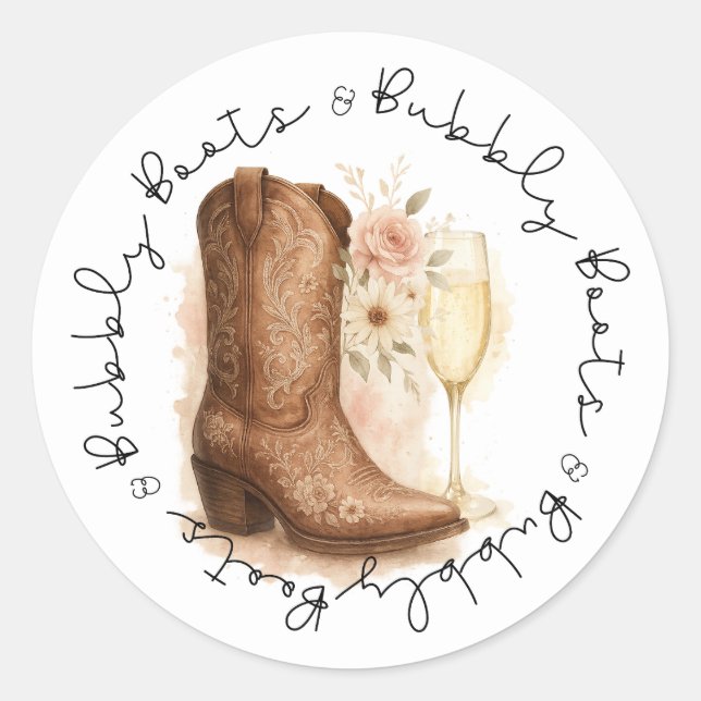 Boots & Bubbly Country Western Boot Bridal Shower  Classic Round Sticker (Front)