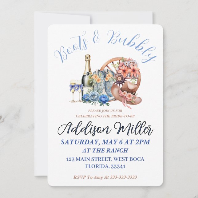 Boots & Bubbly Elegant Rustic Floral Bridal Shower Invitation (Front)