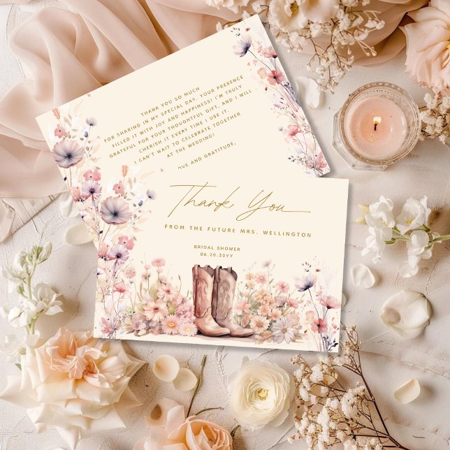 Boots & Bubbly Floral Cowgirl Bridal Shower Thank You Card (Creator Uploaded)