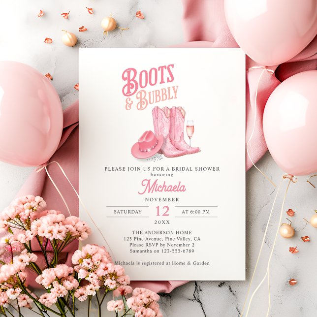 Boots & Bubbly Pink Western Cowgirl Bridal Shower Invitation (Creator Uploaded)