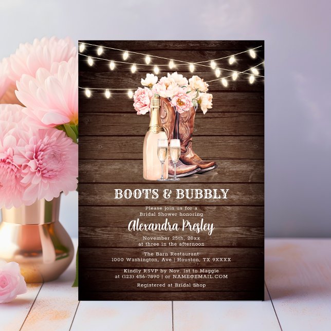 Boots & Bubbly Rustic Cowgirl Floral BRIDAL SHOWER Invitation (Boots & Bubbly Rustic Cowgirl BRIDAL SHOWER Invitation)