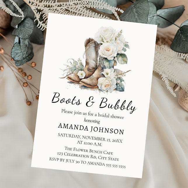 Boots & Bubbly Rustic Floral Bridal Shower Invitation (Creator Uploaded)