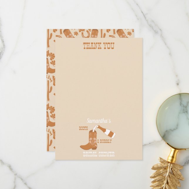 Boots Bubbly Rustic Western Country Bridal Shower  Thank You Card (Front/Back In Situ)