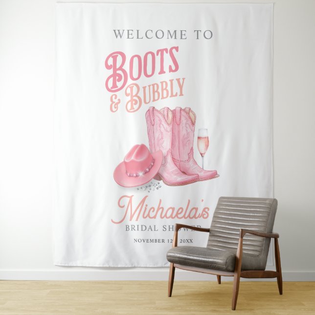 Boots & Bubbly Western Cowgirl Pink Bridal Shower Tapestry (In Situ)